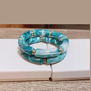 Ocean Blue Chunky Beaded Bracelets, Beaded Bracelet Stack, Chunky Bracelets, Stretchy Handmade Beaded Bracelets. ( 7- 7 1/2 Inches)