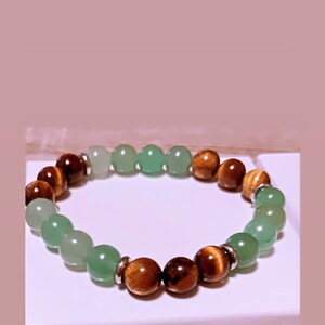 Handmade Green Aventurine & Tiger Eye Beaded Stretchy Bracelet, Gift for Men. Christmas Gift.