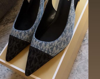 Michael Kors Denim & Black  heels, sling back, kitten Heels. (Never Worn) Size 7 1/2