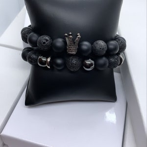 Black Lava & Black Onyx Crown Beaded Bracelet Set- 2 Bracelets-  Gift for Him, Men Beaded Bracelet, Father's Day Gift