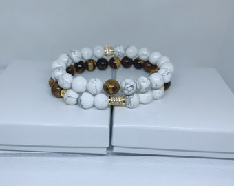 Tiger Eye & Howlite Beaded Bracelet Set - Handmade Stretchy Bracelets
