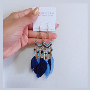 Blue Feather Earrings, Dangle Earrings, statement earrings, Beaded Earrings, Summer Earrings