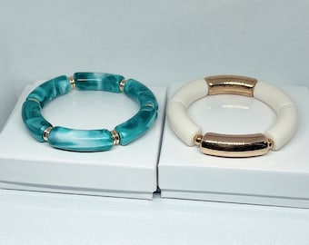 Handmade Acrylic Tube Bracelet: Peacock Blue & White Stretchy Bracelet