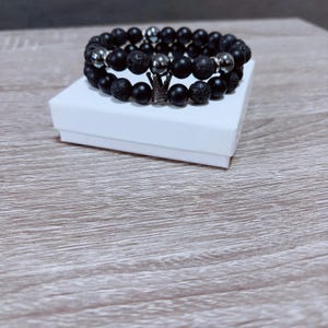Black Lava & Onyx Crown Beaded Bracelet Set - Men's Jewelry, Gift for him, Father's Day Gift