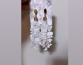 Handmade Tassel White Gold Earrings- Silk & Lace Floral Tassel Earrings- Summer Tassel Earrings-