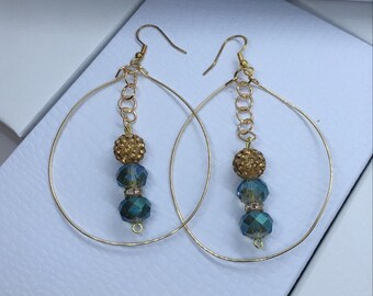 Hoop Earrings- Handmade Gold hoop earrings. Blue Crystal Bead & Gold Hoop Earrings - hoop earrings