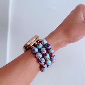 Beaded Apple Watch Band- Stretchy Apple Watch Band, Purple Blue &Gold Beaded Apple Watch Band- Gift for her- Watch Face not included