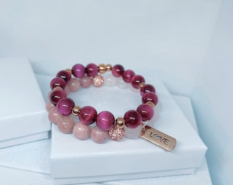 Rose Quartz & Tiger Eye Beaded Bracelet with Love Charm
