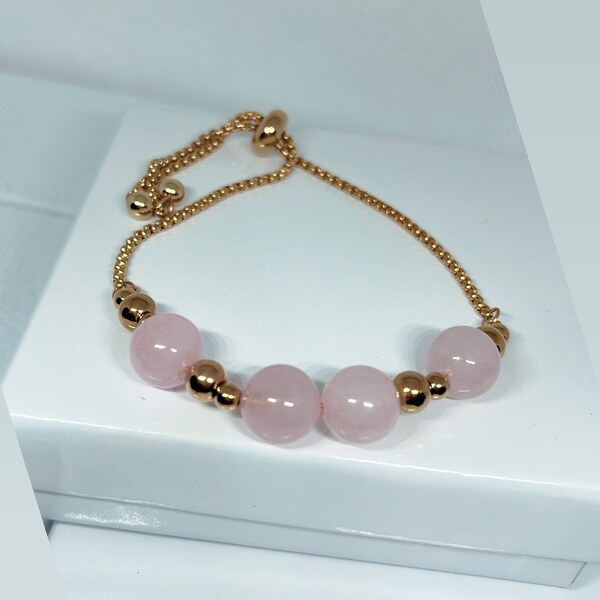 Bracelet Quartz Rose/ Bracelet Perlé Quartz Rose/ Bracelet Réglable