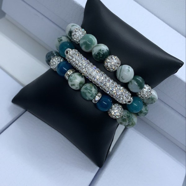 Handmade Beaded Bracelets|Women Beaded Bracelets|Blue and Green Agate Stone| Stretchy Bracelets| Beaded Bracelet Stacks