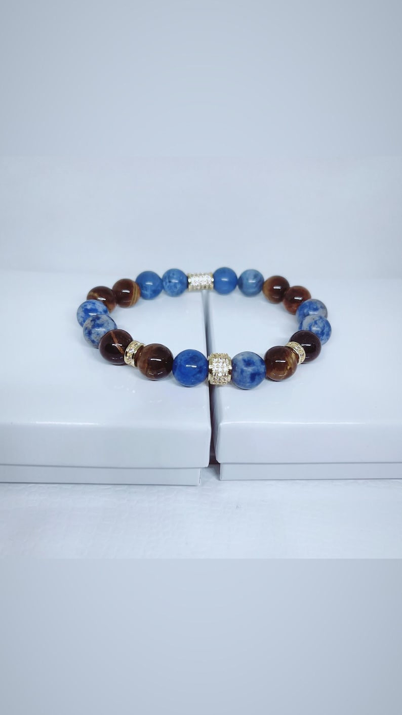 Natural Blue Sodalite & Brown Tiger Eye Bracelet, Men Beaded Bracelet
