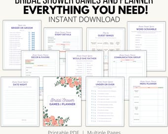 May include: A collection of printable bridal shower games and planner pages. The pages include games like "Would She Rather" and "Guest Bingo", and a menu planner. The cover of the planner is decorated with pink roses and green leaves. Text on the image says "Instant Download".