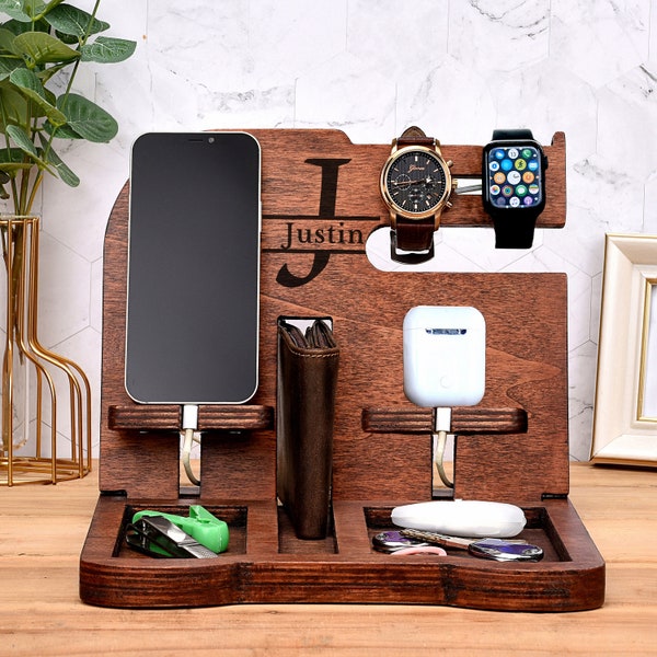 Anniversary gift men,Eco Wood Organizer,Docking Station,Nightstand organizer,Glasses holder,Charging dock,Wooden phone stand,Husband gift