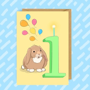 Bunny 1st Birthday Card: Vegan Ink, Recycled Envelope