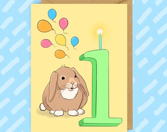 1er anniversaire | Carte d'anniversaire pour enfants | Bébé | Fils | Fille | Petit-fils | Nièce | Neveu | Enfants | Premier anniversaire | Lapin | Lapin