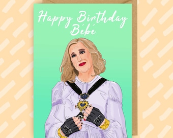 May include: A greeting card with a green background featuring a cartoon illustration of a woman with blonde hair wearing a white shirt, a black sash, and a gold heart pendant. The text "Happy Birthday Bebe" is written in white at the top of the card.
