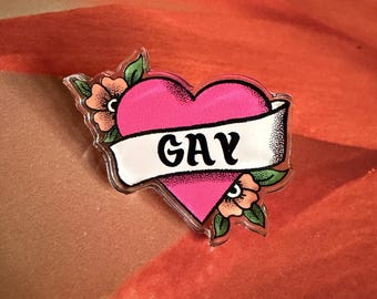 Queer Heart Acrylic Pin, Tattoo Style Pride Jewelry
