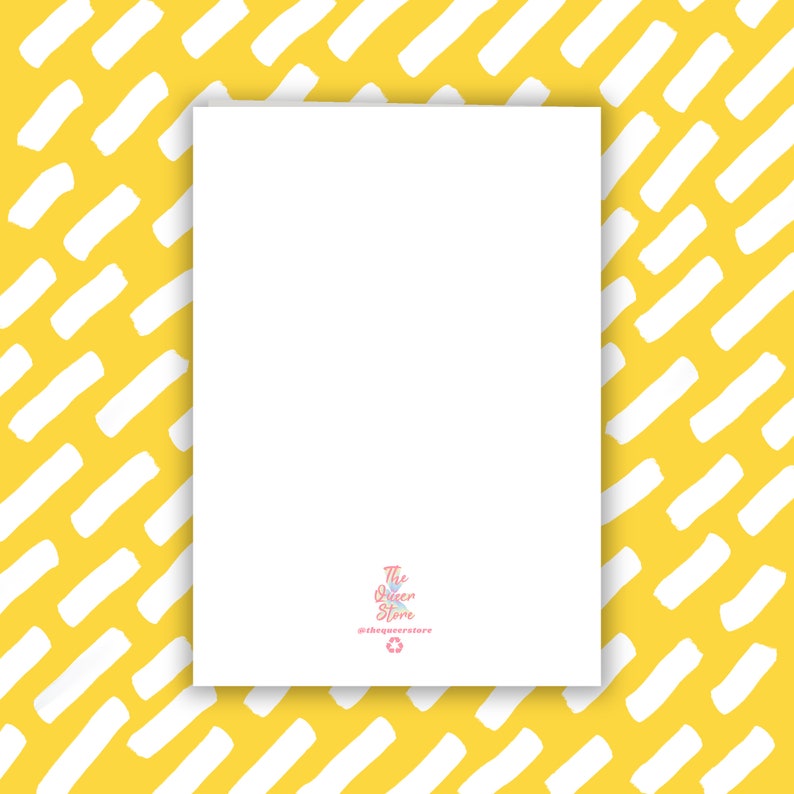 May include: A white card with a yellow and white striped background. The card has a logo that says "The Queen Store" with a pink heart and the text "@thequeenstore".
