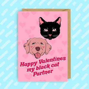 Tarjeta de San Valentín / Pareja de gato negro y golden retriever / Linda tarjeta de amor animal / Regalo único para amantes de las mascotas / Pareja