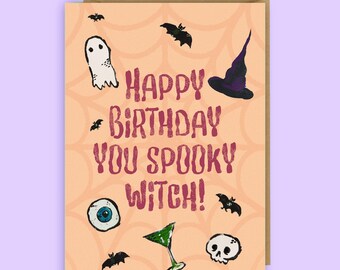 Witch Birthday card | Crystals | Goth, Spooky, Witchcraft, Witchy, Illustration, Gothic, Pagan, Spirituality, Tarot