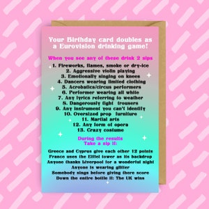 Carte d'anniversaire Eurovision | Jeu à boire | Drôle | Fête | Concours Eurovision de la chanson | 2023