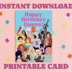 Tarjeta de cumpleaños de Drag Race, descarga digital: saludo LGBTQ+ imprimible para fans del drag, cumpleaños gay, Ru Paul, Trixie y Katya drag queens rpdr