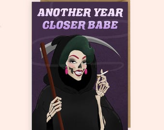 Drag Queen Birthday Card, Goth Grim Reaper, Queer LGBT