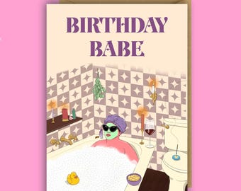 Funny Birthday Babe Card, Self Care Spa Day, Wine
