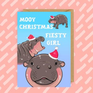 Carte de Noël drôle de Moo Deng l'hippopotame – Conception hippopotame mignonne et humoristique pour les amoureux des animaux - Meme