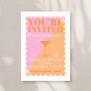 Faire-part d'anniversaire estival néon - Modèle canva modifiable - Orange et rose - Invitation à un cocktail - Téléchargement immédiat - Aucun professionnel Canva requis
