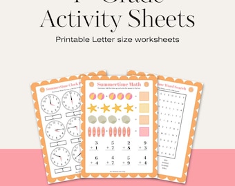 Summer Worksheets for 1st Grade | Printable PDF Set of 3 | Word Search, Addition, Clock Practice | US Letter | Summer Activity | 1st Grade