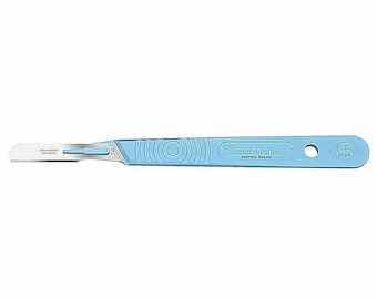 May include: A light blue surgical scalpel with a stainless steel blade. The scalpel is labeled "Swann-Morton" and "Sheffield England". The blade is labeled "11" and "Stainless Steel England".