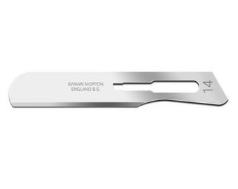 May include: A silver surgical blade with the text "SWANN MORTON ENGLAND B.S." and the number "114" printed on it.
