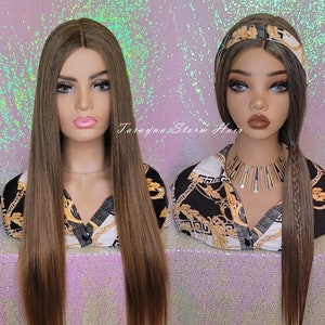 May include: Two mannequin heads displaying long, straight brown hair. The left mannequin features a center part. The right mannequin wears a patterned headband and a gold-toned necklace, with a small braid integrated into the hair. Text reads Tarayna Storm Hair.