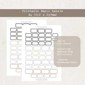 May include: Printable basic labels in A4 size (8.3 x 11.7 inches). The design features rectangular label templates with black, brown, and light purple outlines. The image includes text: "Printable Basic Labels", "Albumlovehandmade printable set", and size details.