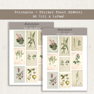 May include: Two sticker sheets featuring botanical illustrations of flowers and plants. Each sticker sheet is A6 size, measuring 4.1 x 5.8 inches. The text "Printable - Sticker Sheet ALW2605" is at the top, with the brand name "albumlovehandmade" and "stickers" also visible.