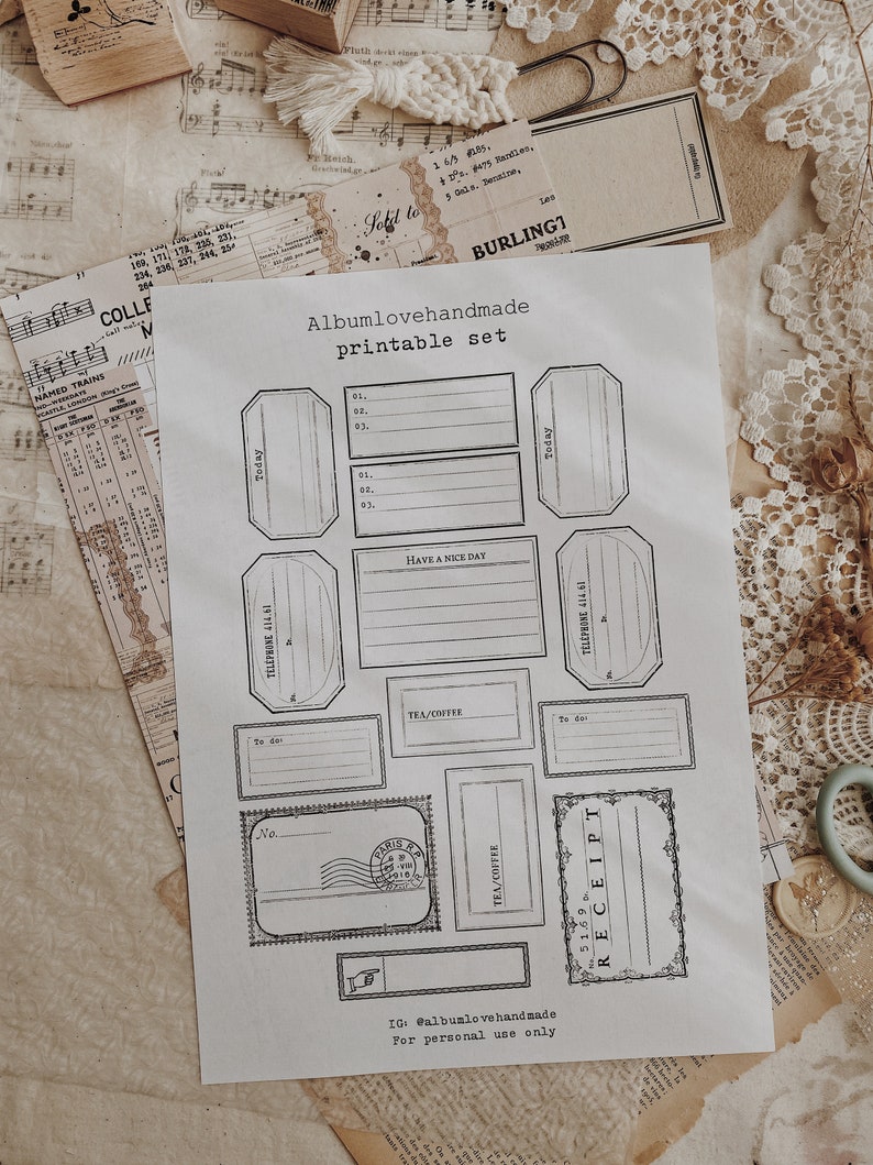 May include: Printable set of vintage-style labels and tags for journaling, scrapbooking, or gift wrapping. The set includes labels for "Today", "Telephone", "Tea/Coffee", "Receipt", and "Have a Nice Day".