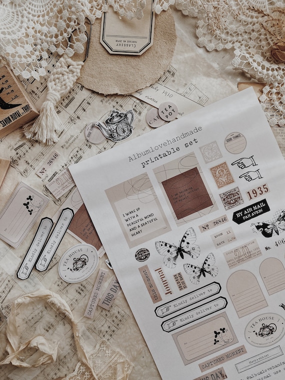 Ephemera Collage Printable: Journaling Stickers, Patterned Paper (Digital Download)
