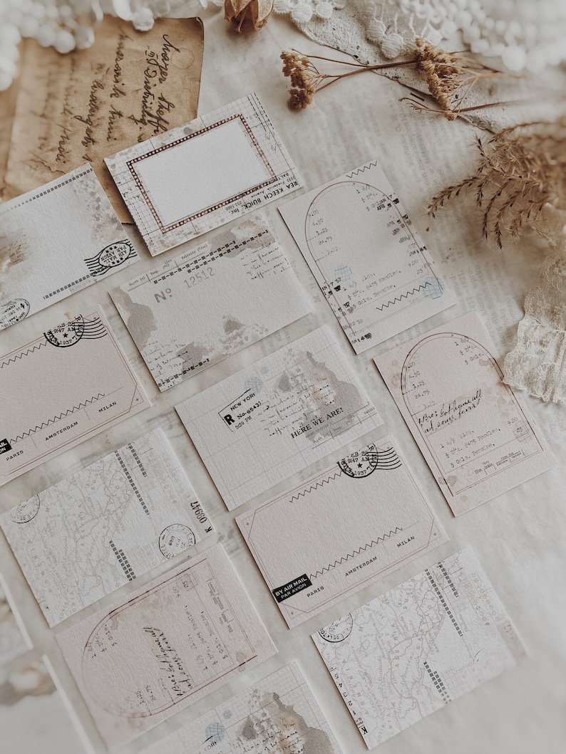 May include: A collection of vintage-style postcards with a map, stamps, and handwritten text. The postcards are in shades of beige and brown with a distressed look. The text on the postcards includes "Here We Are!" and "By Air Mail".