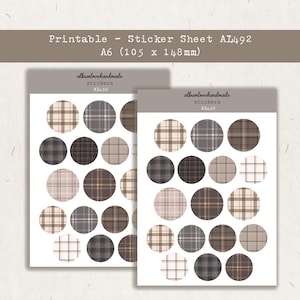 May include: Printable sticker sheets with plaid circle designs in shades of brown, beige, and gray. The sheets are labeled "A6 (105 x 148 mm)" and include the text "albumlovehandmade stickers AL492".