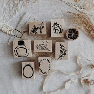 Rubberstempel | Houten rubberen stempel | Dagboekpostzegels | Bulletjournaal | Decoratieve stempel | Bosdieren | Inktpot | Lijsten