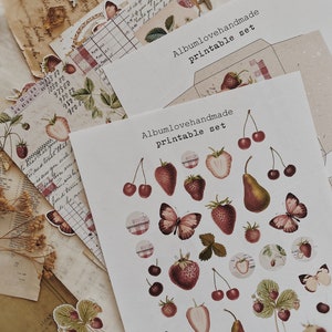 Strawberry Theme Ephemera: Journaling Stickers, Patterned Paper (A4 Printable) image 1