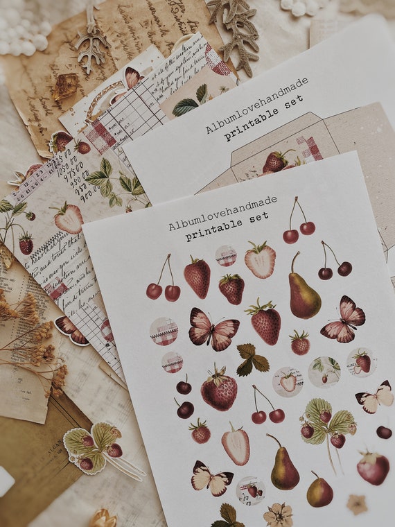 Strawberry Theme Ephemera: Journaling Stickers, Patterned Paper (A4 Printable)