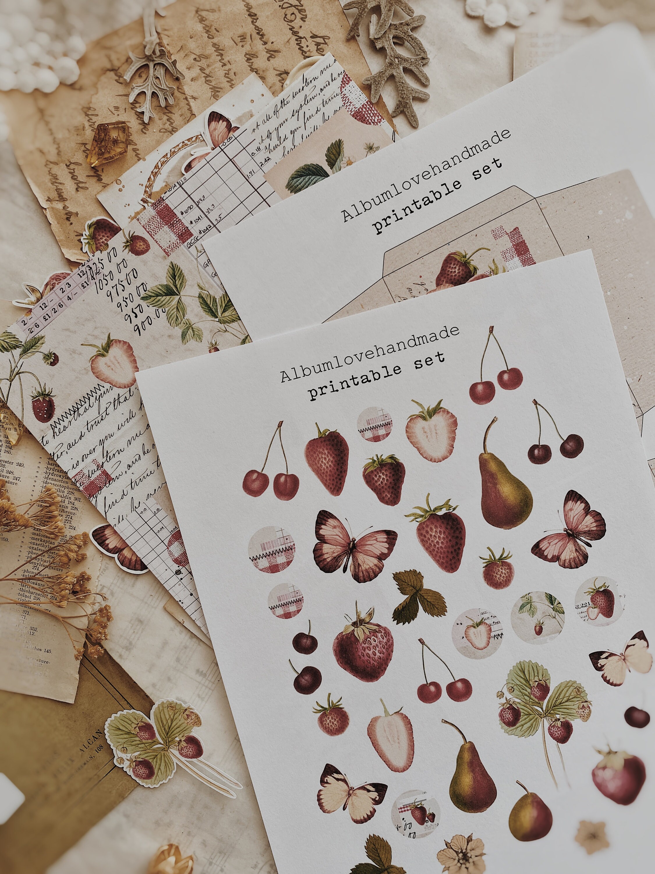 Strawberry Theme Ephemera: Journaling Stickers, Patterned Paper (A4 Printable)