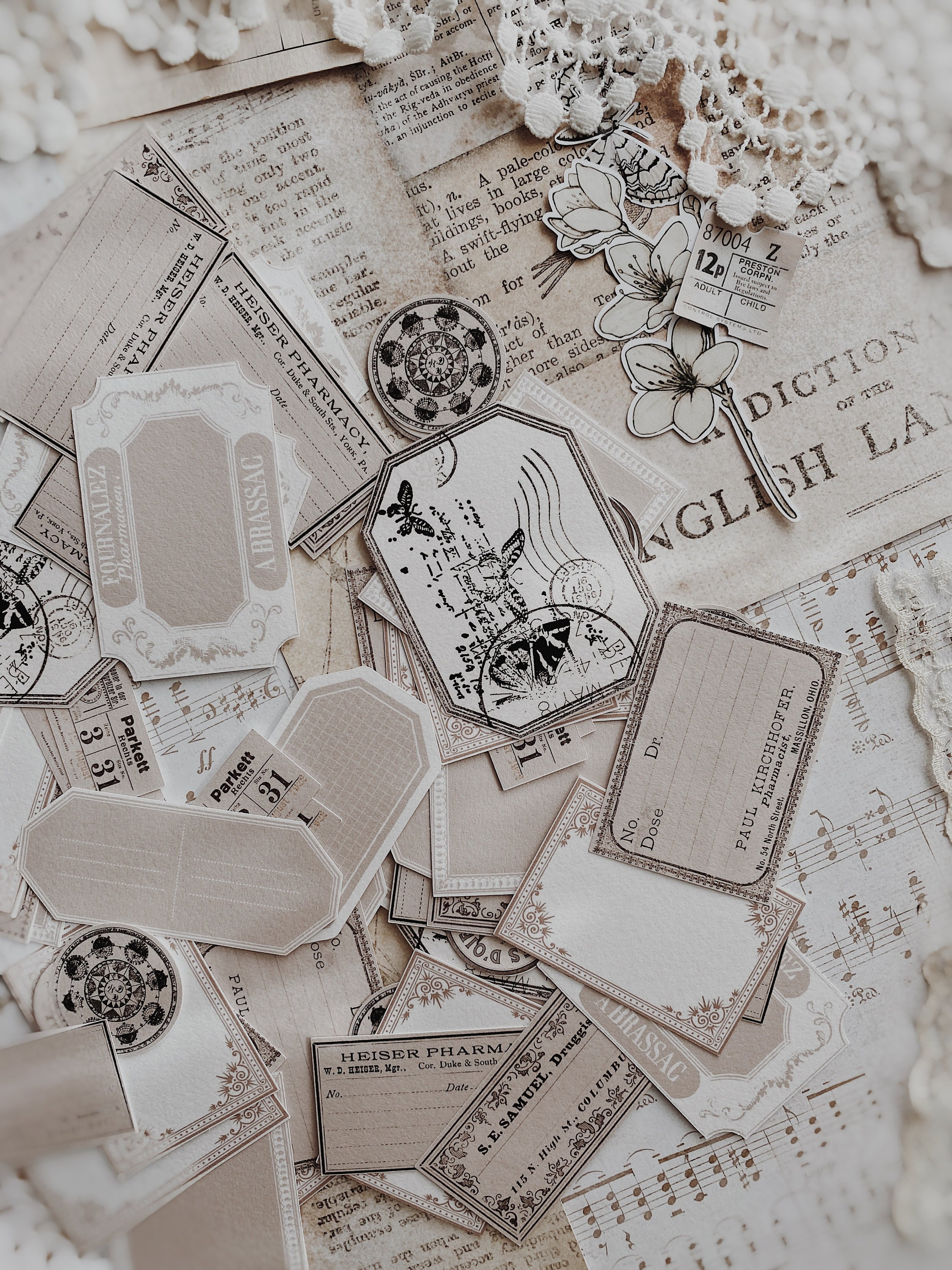 Ephemera Pieces | Cut Outs | Beige Ephemera | Labels | Paper Goodies | Journal Ephemera | Set of 16 pieces