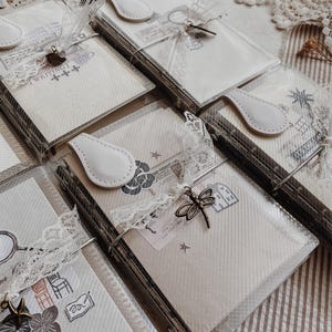 May include: A collection of rectangular notebooks encased in clear plastic covers, each featuring a white faux leather tab closure, white lace ribbon, and a small metal charm such as a dragonfly or bird, with printed illustrations on the paper.