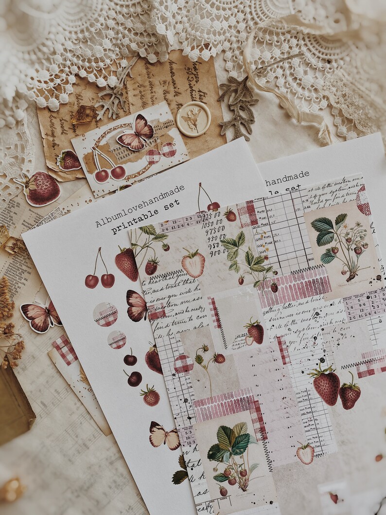 Strawberry Theme Ephemera: Journaling Stickers, Patterned Paper (A4 Printable) image 6