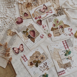 May include: A collection of vintage-style paper ephemera with a collage of images and text. The ephemera features images of butterflies, strawberries, and flowers. The text includes the words "swap cages", "Massorile", "Mayer the", "Diehill", "mughed and", "Called", "lapped my", "Will at length inte wis holend", "1/6", "ABIME", "5", "221", "www", "A", "221", "5", "wwww".