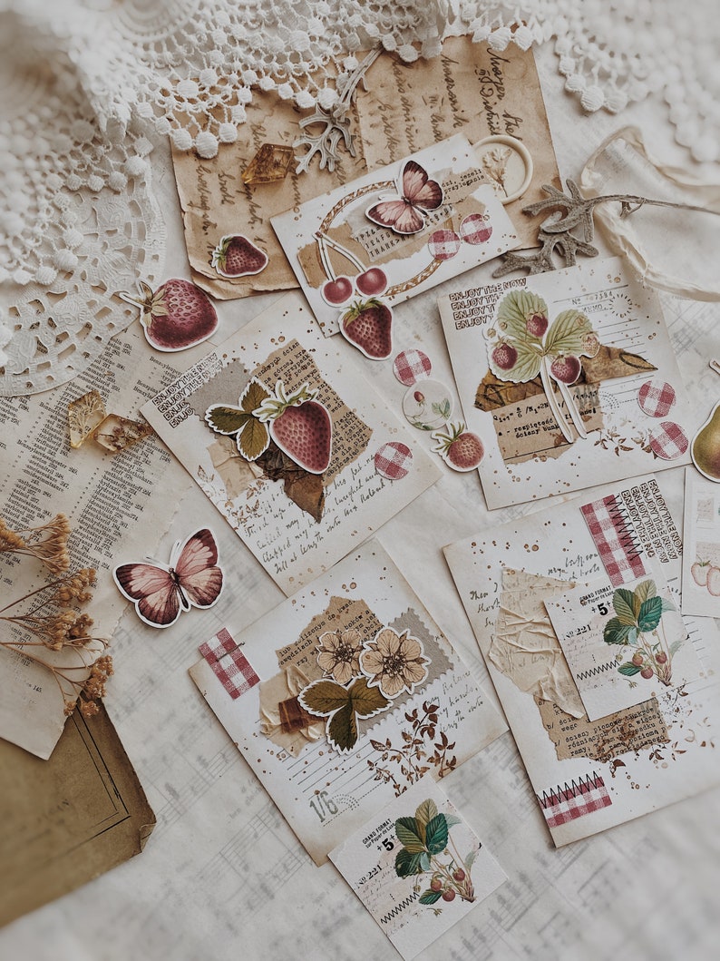 May include: A collection of vintage-style paper ephemera with a collage of images and text. The ephemera features images of butterflies, strawberries, and flowers. The text includes the words "swap cages", "Massorile", "Mayer the", "Diehill", "mughed and", "Called", "lapped my", "Will at length inte wis holend", "1/6", "ABIME", "5", "221", "www", "A", "221", "5", "wwww".