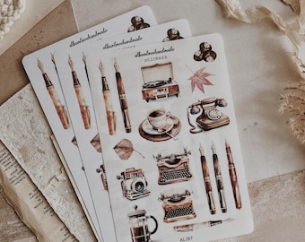 Vintage Theme Stickers: Fountain Pens, Typewriter, Autumn Scrapbooking